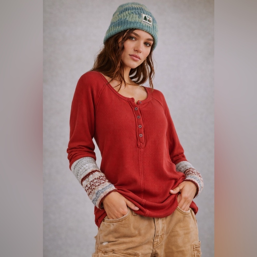 Free People We The Free Newbie Ski Lodge Cuff Thermal Henley Top Small Red